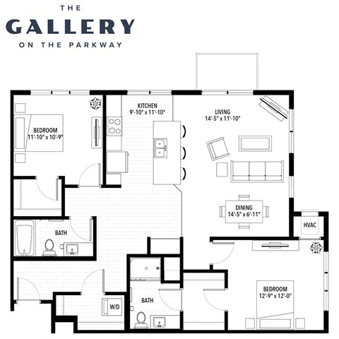 Floor plan for 2 beds, 2 baths, 1294 sqft
